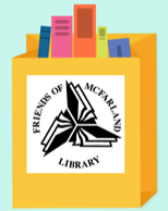 Clipart image of books inside a yellow bag with Friends of McFarland Library logo on the front